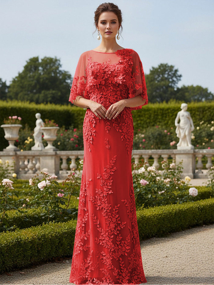 Lace Applique Crew Neck Mermaid Formal Dresses with Caps
