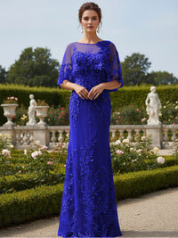 Lace Applique Crew Neck Mermaid Formal Dresses with Caps