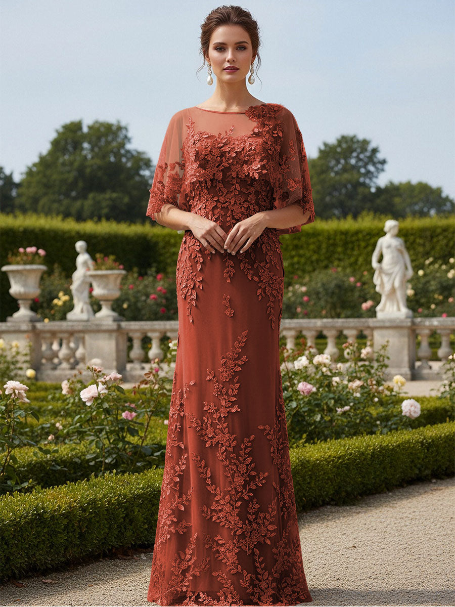 Lace Applique Crew Neck Mermaid Formal Dresses with Caps