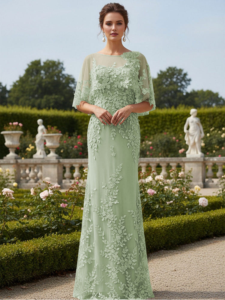 Lace Applique Crew Neck Mermaid Formal Dresses with Caps