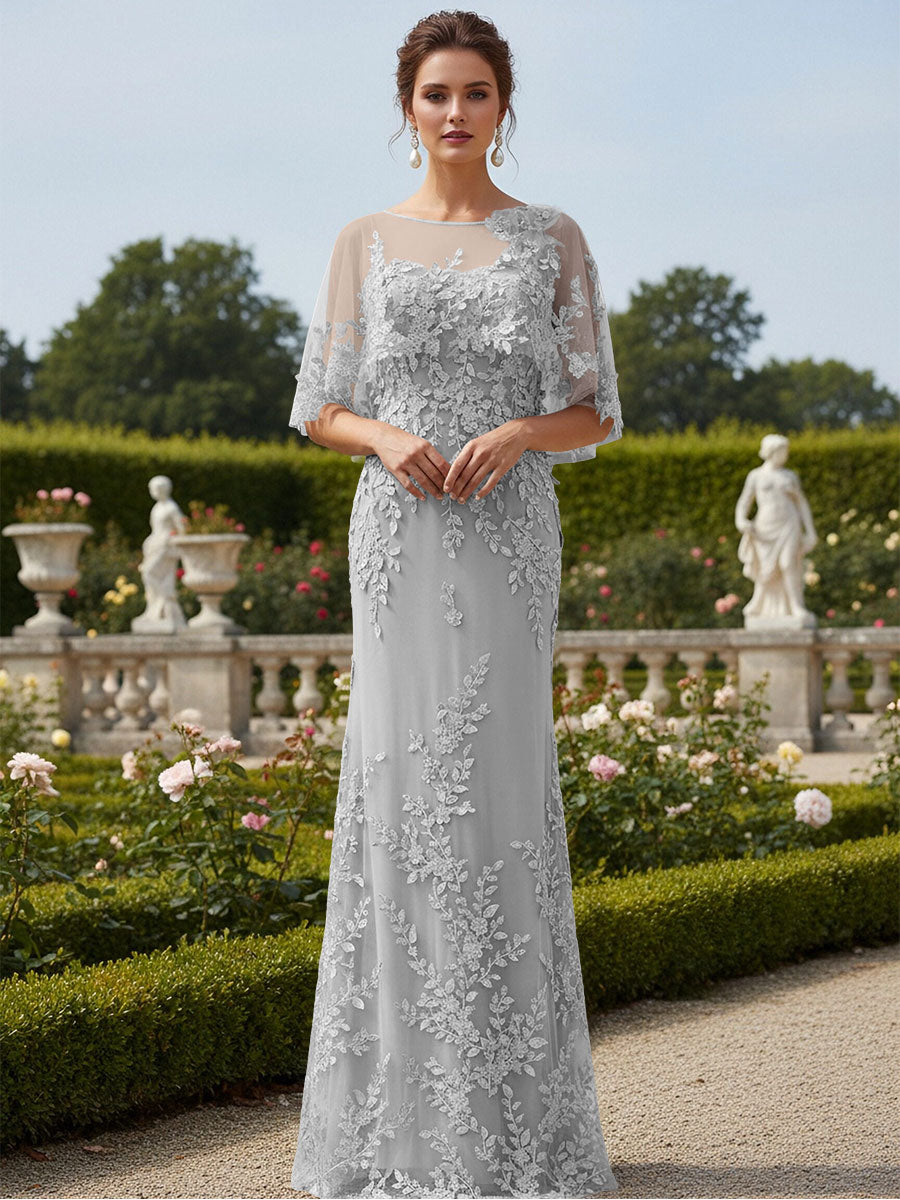 Lace Applique Crew Neck Mermaid Formal Dresses with Caps