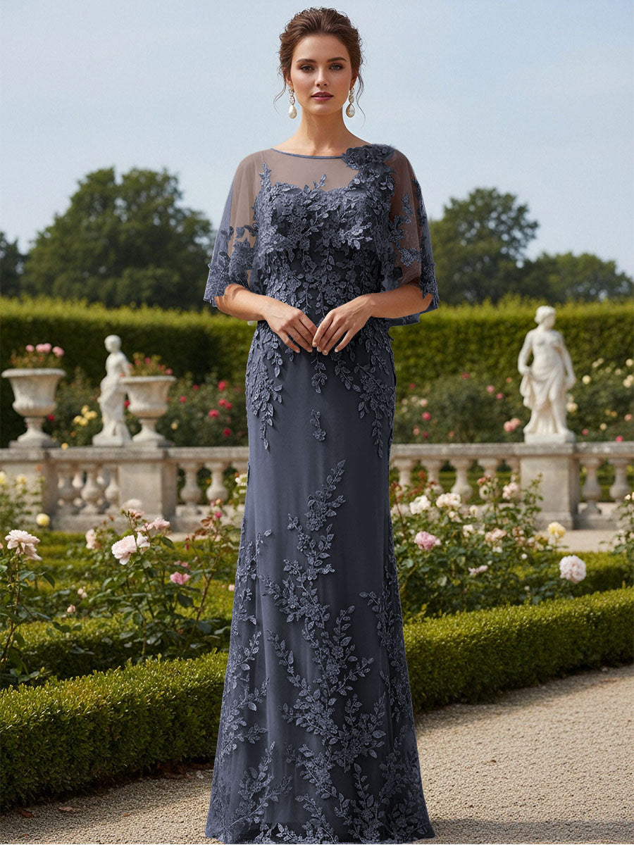 Lace Applique Crew Neck Mermaid Formal Dresses with Caps