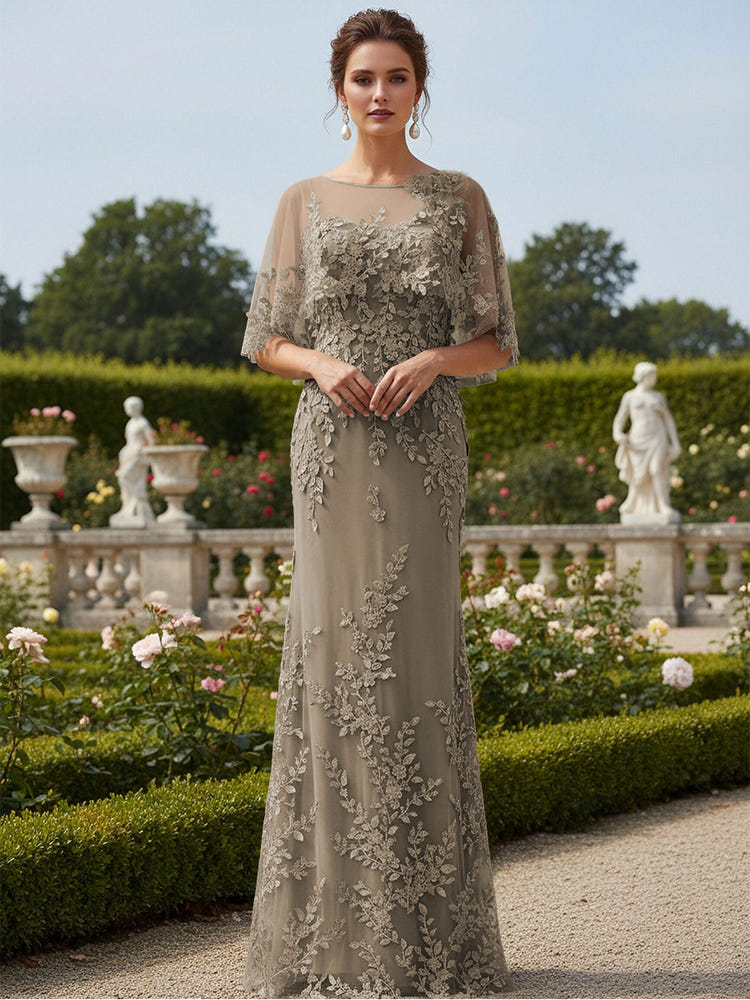 Lace Applique Crew Neck Mermaid Formal Dresses with Caps