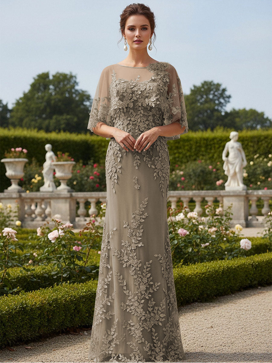 Lace Applique Crew Neck Mermaid Formal Dresses with Caps