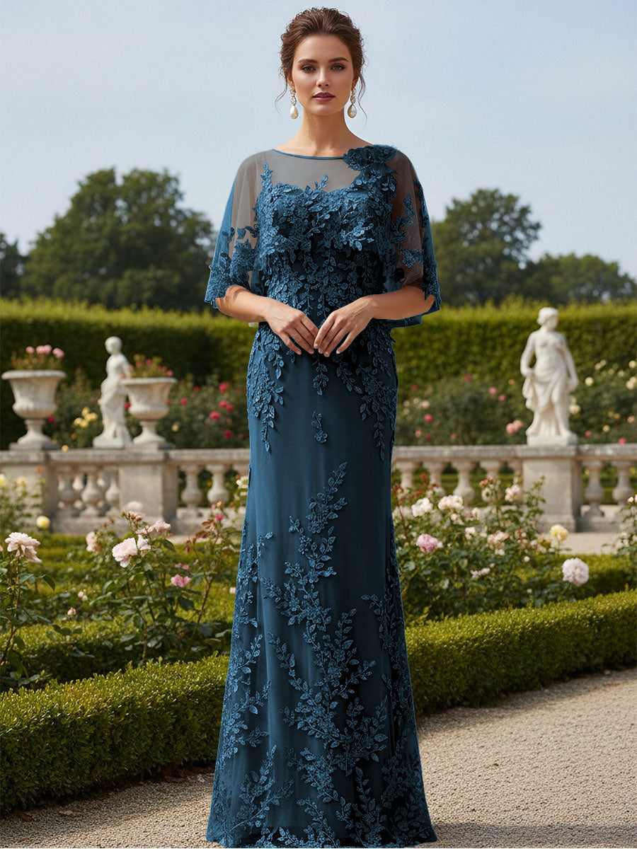 Lace Applique Crew Neck Mermaid Formal Dresses with Caps