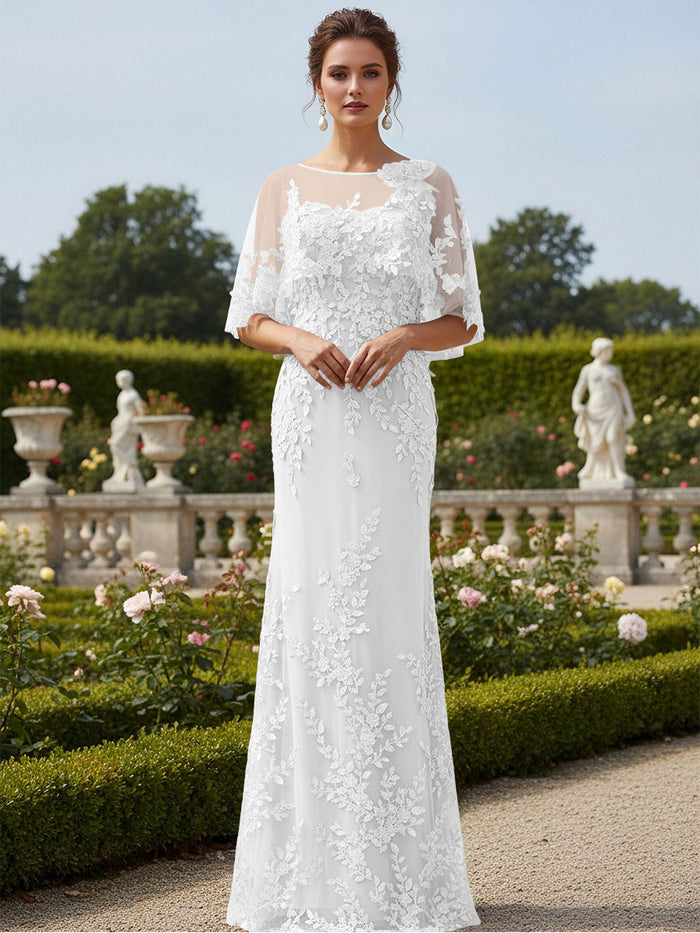 Lace Applique Crew Neck Mermaid Formal Dresses with Caps