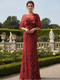 Lace Applique Crew Neck Mermaid Formal Dresses with Caps