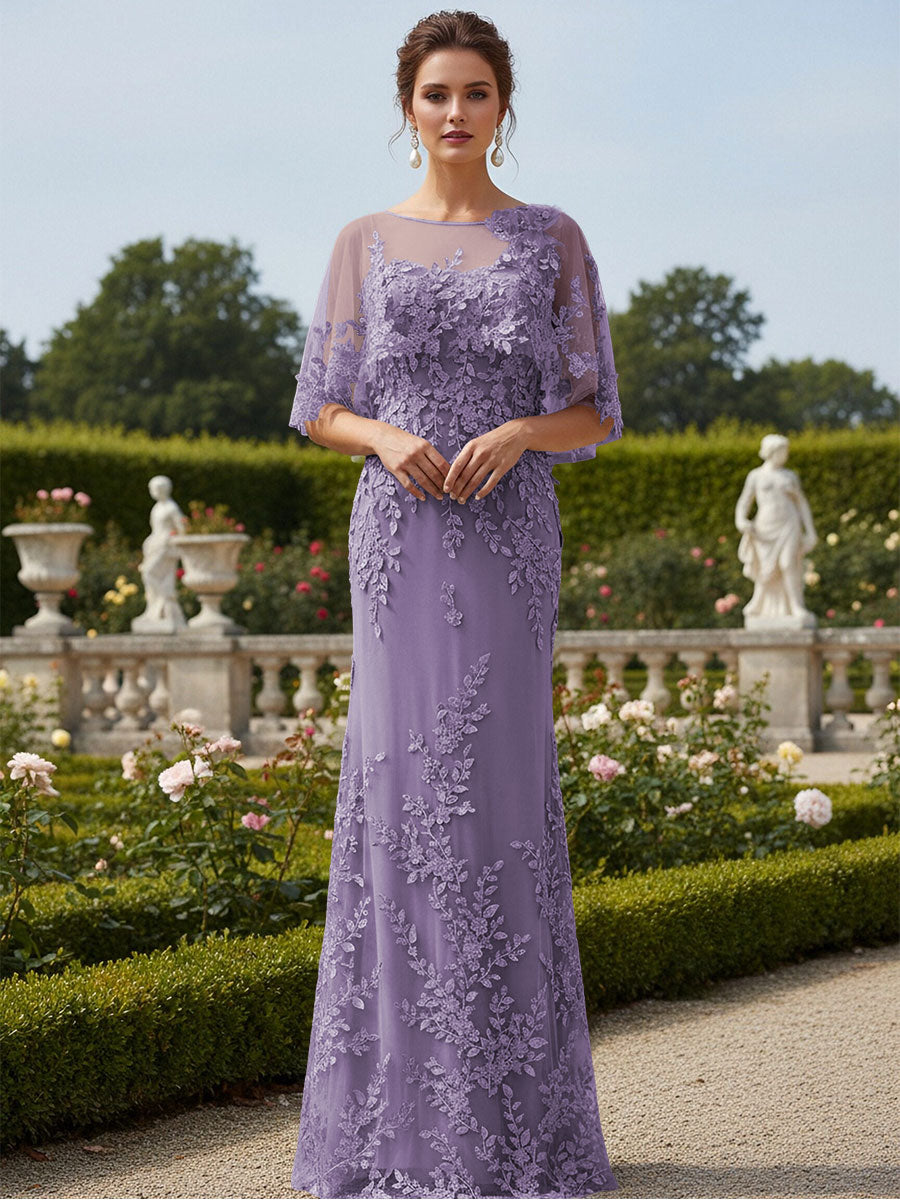 Lace Applique Crew Neck Mermaid Formal Dresses with Caps