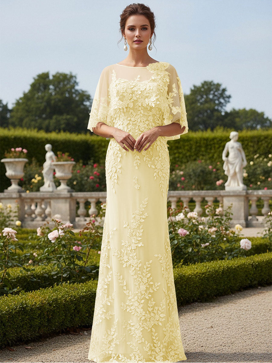 Lace Applique Crew Neck Mermaid Formal Dresses with Caps