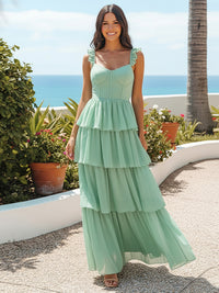 A Line Scoop Sleeveless Long Bridesmaid Dresses with Tiered Ruffles