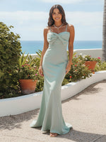 Sheath Spaghetti Straps Floor Length Bridesmaid Dresses with Bows