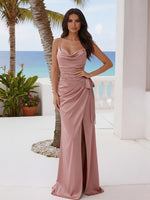 Sheath Spaghetti Straps Ruched Long Bridesmaid Dresses with High Split