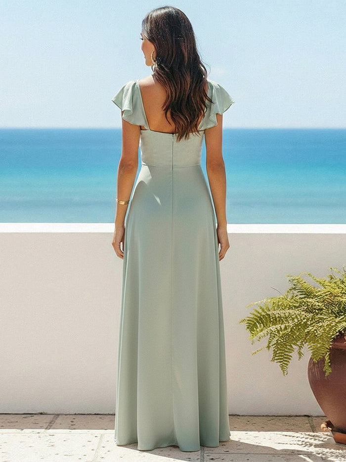 A Line V Neck Short Sleeves Floor Length Bridesmaid Dresses with Pleats