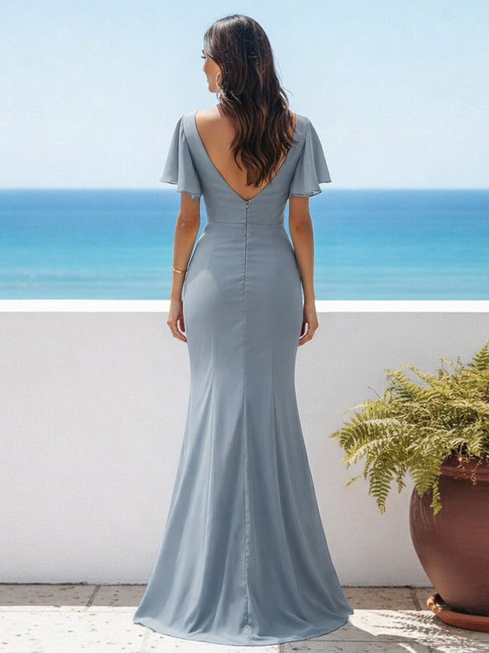 Mermaid V Neck Chiffon Long Ruched Bridesmaid Dresses with High Split