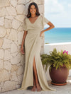 Mermaid V Neck Chiffon Long Ruched Bridesmaid Dresses with High Split