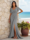 Mermaid V Neck Chiffon Long Ruched Bridesmaid Dresses with High Split