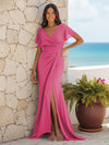 Mermaid V Neck Chiffon Long Ruched Bridesmaid Dresses with High Split