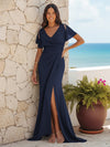 Mermaid V Neck Chiffon Long Ruched Bridesmaid Dresses with High Split