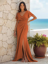 Mermaid V Neck Chiffon Long Ruched Bridesmaid Dresses with High Split