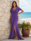 Mermaid V Neck Chiffon Long Ruched Bridesmaid Dresses with High Split