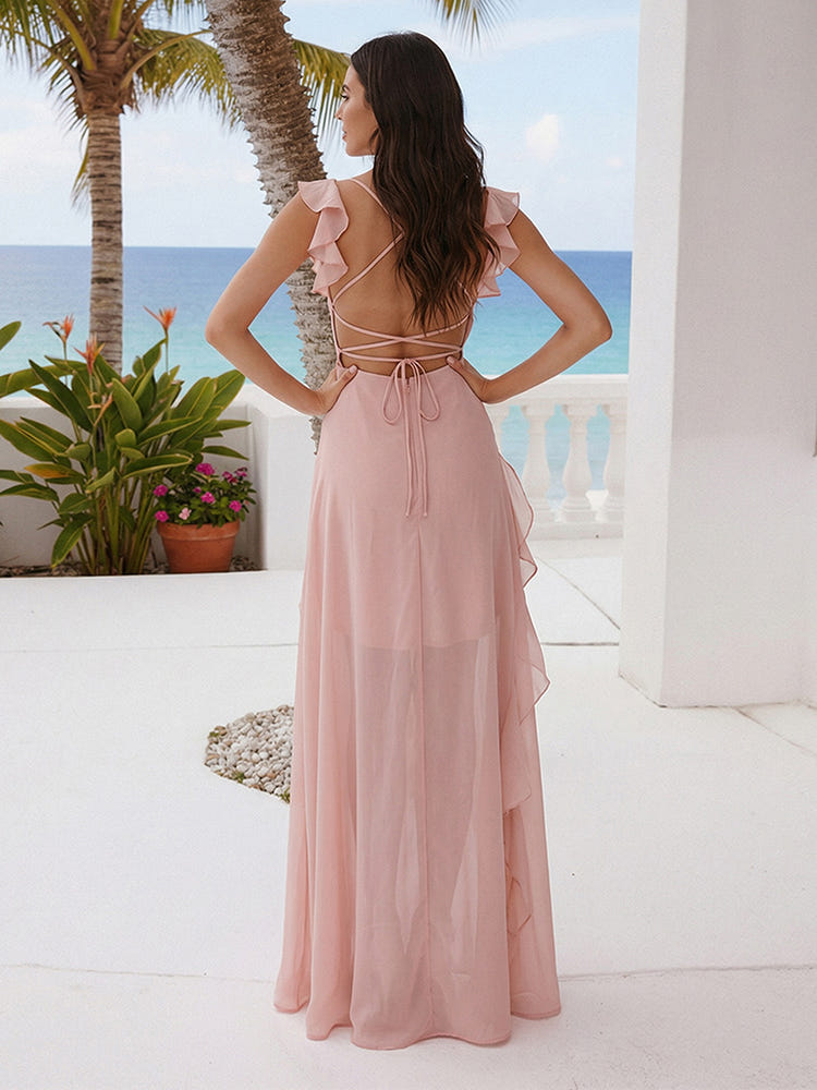 A Line V Neck Floor Length Sleeveless Bridesmaid Dresses with Ruffles