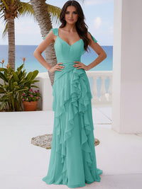A Line V Neck Floor Length Sleeveless Bridesmaid Dresses with Ruffles