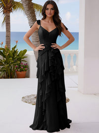 A Line V Neck Floor Length Sleeveless Bridesmaid Dresses with Ruffles