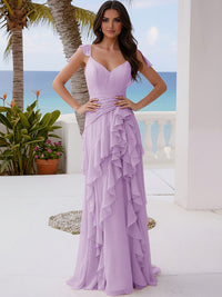 A Line V Neck Floor Length Sleeveless Bridesmaid Dresses with Ruffles
