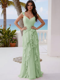A Line V Neck Floor Length Sleeveless Bridesmaid Dresses with Ruffles