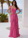 A Line V Neck Floor Length Sleeveless Bridesmaid Dresses with Ruffles
