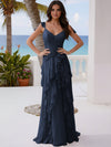 A Line V Neck Floor Length Sleeveless Bridesmaid Dresses with Ruffles