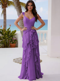 A Line V Neck Floor Length Sleeveless Bridesmaid Dresses with Ruffles