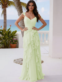 A Line V Neck Floor Length Sleeveless Bridesmaid Dresses with Ruffles