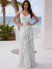 A Line V Neck Floor Length Sleeveless Bridesmaid Dresses with Ruffles