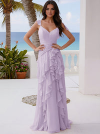 A Line V Neck Floor Length Sleeveless Bridesmaid Dresses with Ruffles