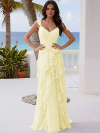 A Line V Neck Floor Length Sleeveless Bridesmaid Dresses with Ruffles