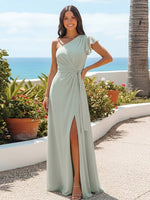 A Line One Shoulder Sleeveless Ruffled Bridesmaid Dresses with Slit Side