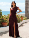 A Line One Shoulder Sleeveless Ruffled Bridesmaid Dresses with Slit Side