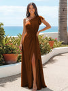 A Line One Shoulder Sleeveless Ruffled Bridesmaid Dresses with Slit Side