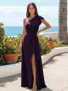 A Line One Shoulder Sleeveless Ruffled Bridesmaid Dresses with Slit Side