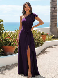 A Line One Shoulder Sleeveless Ruffled Bridesmaid Dresses with Slit Side