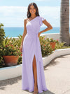 A Line One Shoulder Sleeveless Ruffled Bridesmaid Dresses with Slit Side