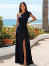 A Line One Shoulder Sleeveless Ruffled Bridesmaid Dresses with Slit Side