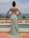 A Line Spaghetti Straps Sleeveless Long Ruffled Bridesmaid Dresses