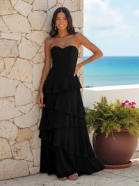 A Line Sweetheart Sleeveless Long Bridesmaid Dresses with Ruffles