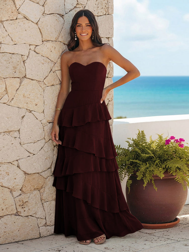 A Line Sweetheart Sleeveless Long Bridesmaid Dresses with Ruffles