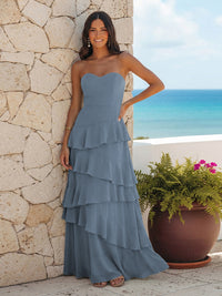 A Line Sweetheart Sleeveless Long Bridesmaid Dresses with Ruffles