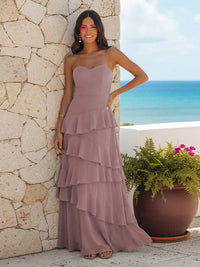 A Line Sweetheart Sleeveless Long Bridesmaid Dresses with Ruffles