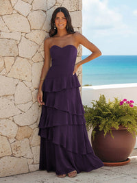 A Line Sweetheart Sleeveless Long Bridesmaid Dresses with Ruffles
