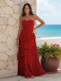 A Line Sweetheart Sleeveless Long Bridesmaid Dresses with Ruffles